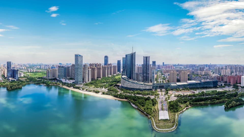 Aerial photo of a large panoramic view of the city of Hefei, Anhui.. .