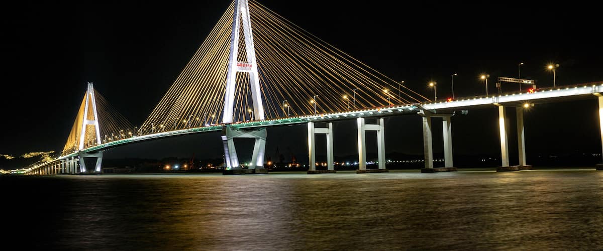 A large cable-stayed bridge at night with illuminated cables and towers.