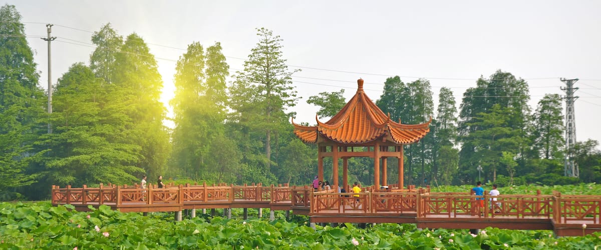 Retro style pavilion and lotus pond in Yinhuwan of Xinhui district, Jiangmen, South China's Guangdong Province.