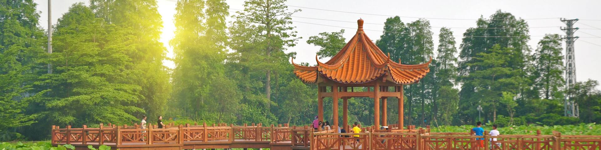 Retro style pavilion and lotus pond in Yinhuwan of Xinhui district, Jiangmen, South China's Guangdong Province.