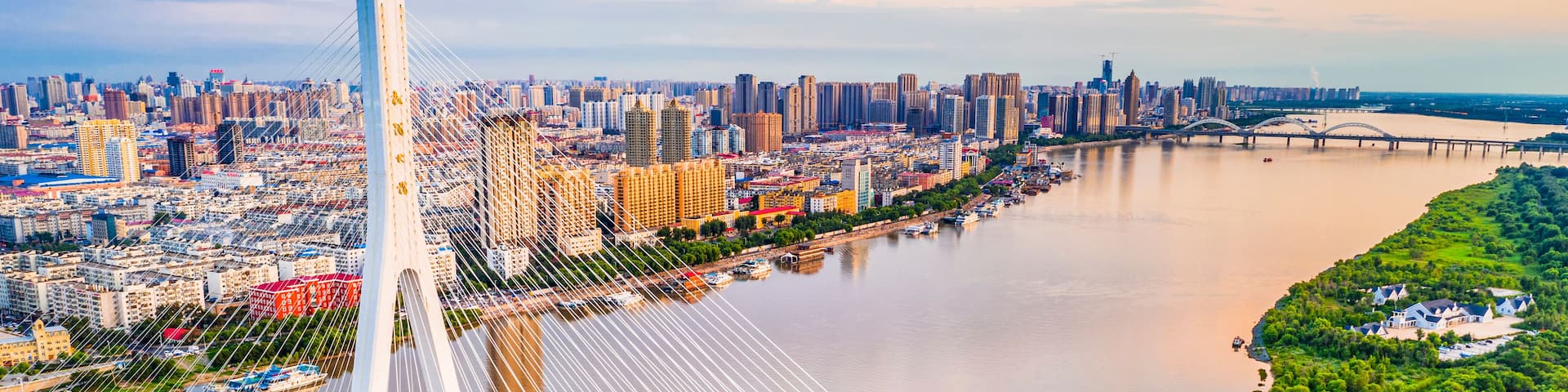 A cable-stayed bridge over a river with a cityscape in the background.