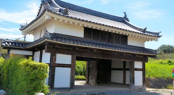 A traditional Japanese building with a curved roof, wooden beams, and a stone pathway leading to the entrance.