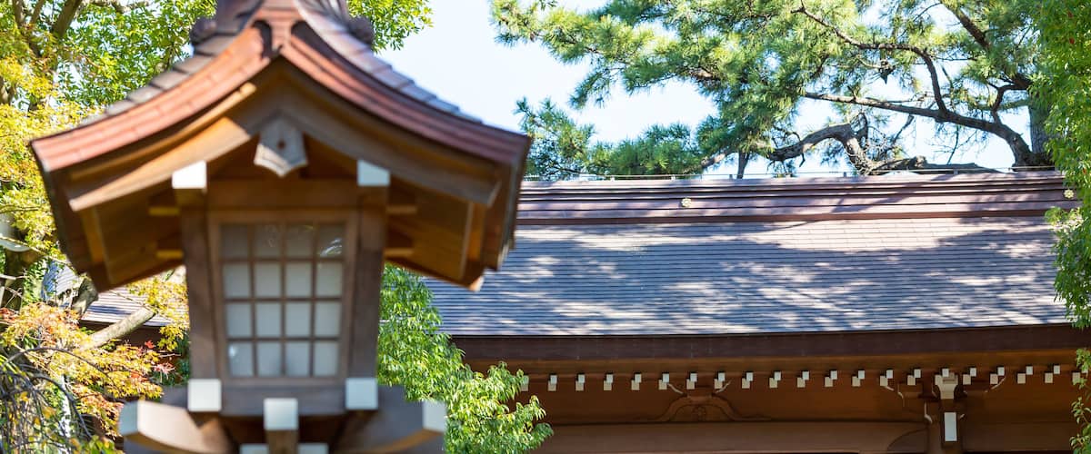 scenery fo a traditional wooden lantern and a gate of inage sengen shinto shrine surrounded by pine trees