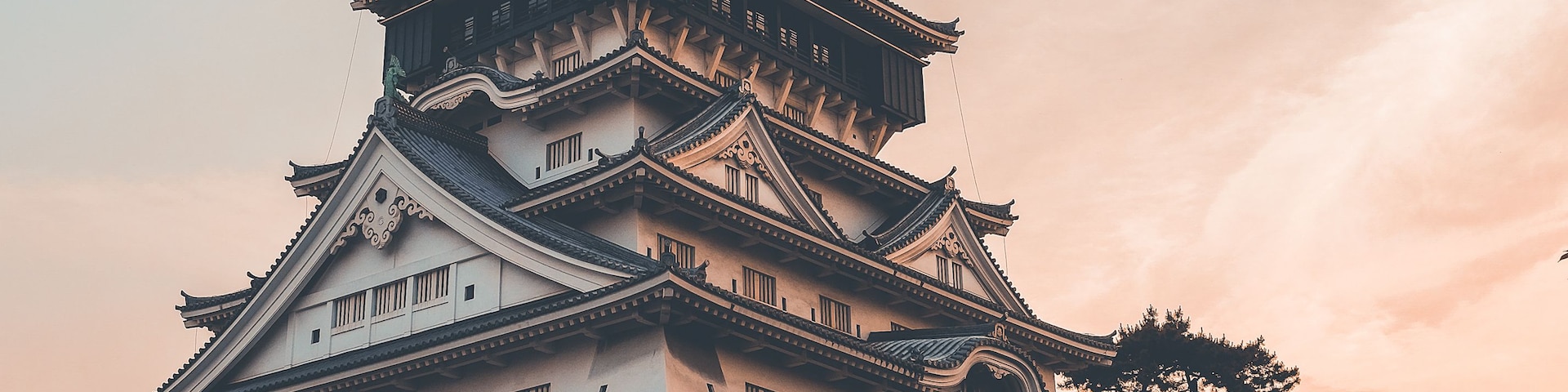Un castillo japonés tradicional con múltiples niveles y techos ornamentados, rodeado por un muro de piedra y árboles.