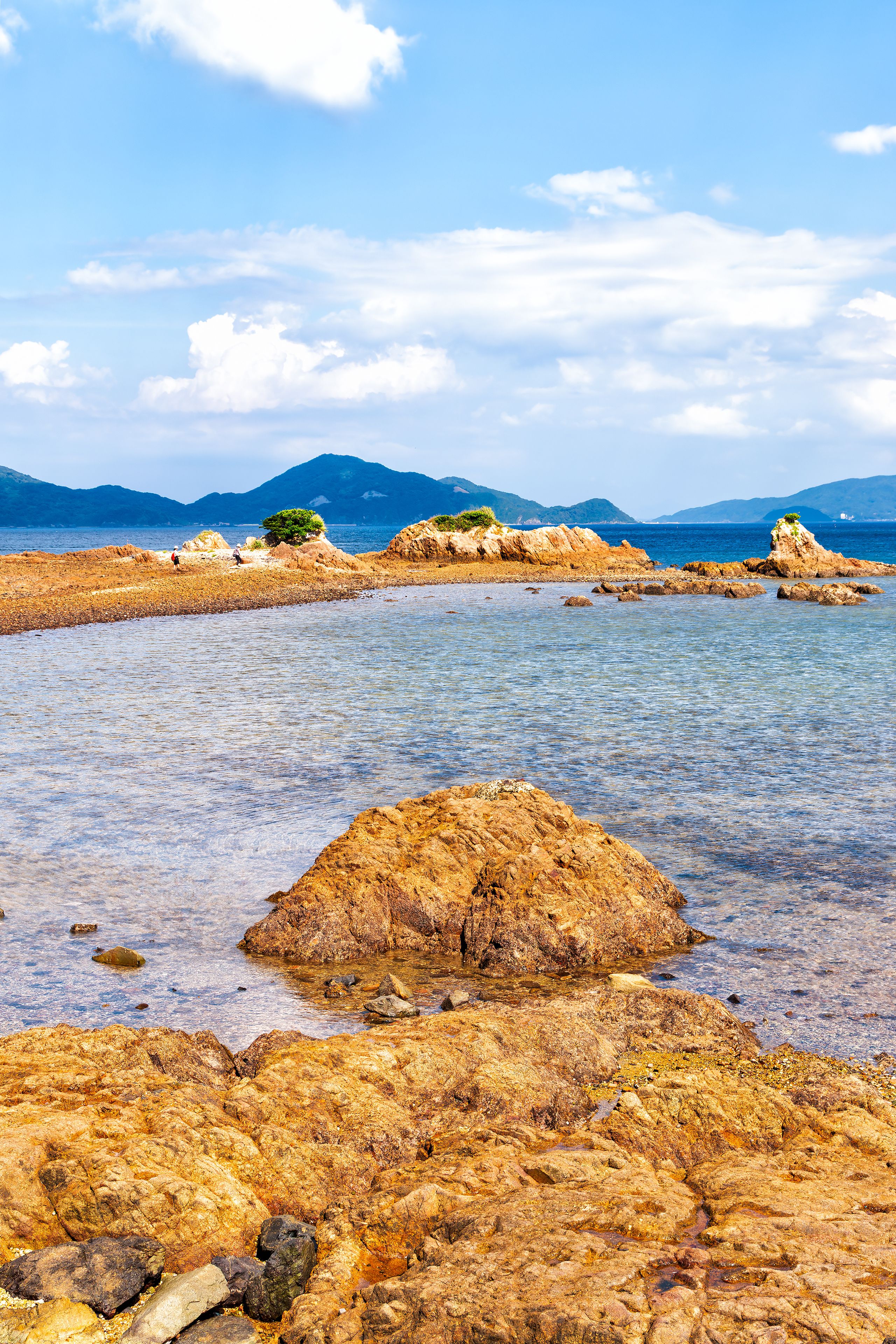 A rocky shoreline with clear water, distant mountains, and a clear sky.