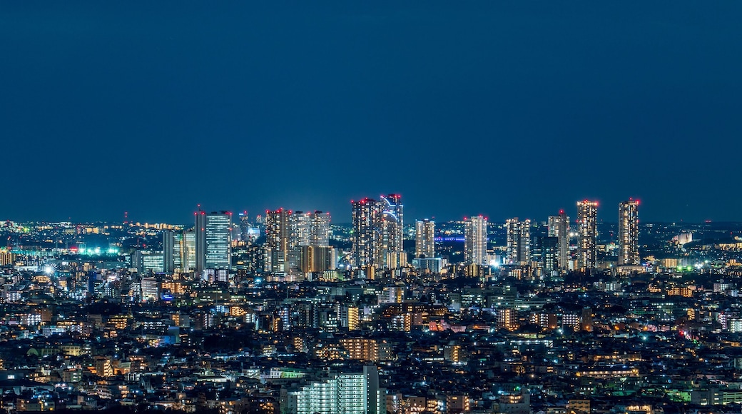 A nighttime cityscape with numerous illuminated buildings and skyscrapers.