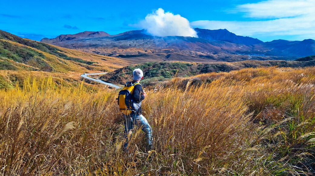 Mount Aso, or Aso Volcano, the largest active volcano in Japan stands in Aso Kuju National Park in Kumamoto Prefecture, Kyushu, Japan