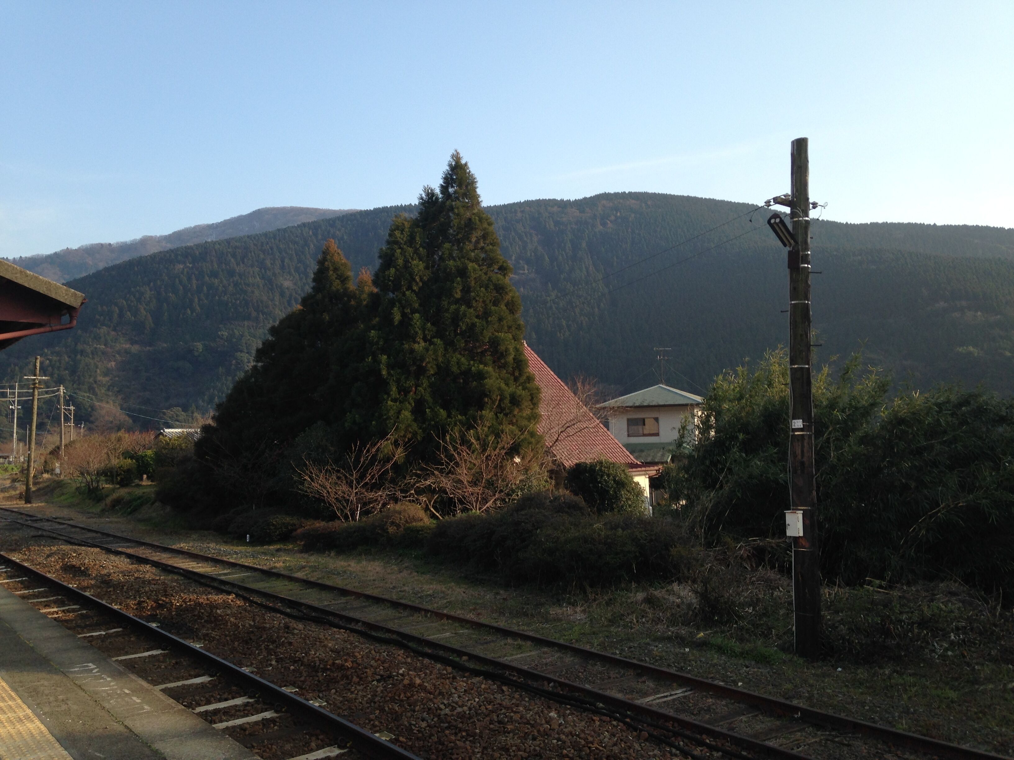 A railway track with a house and a large tree in the foreground, and a mountain in the background.