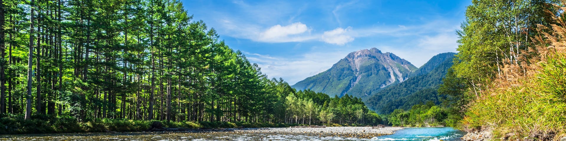 A clear river with rocks and trees, a mountain in the background, and a clear sky.