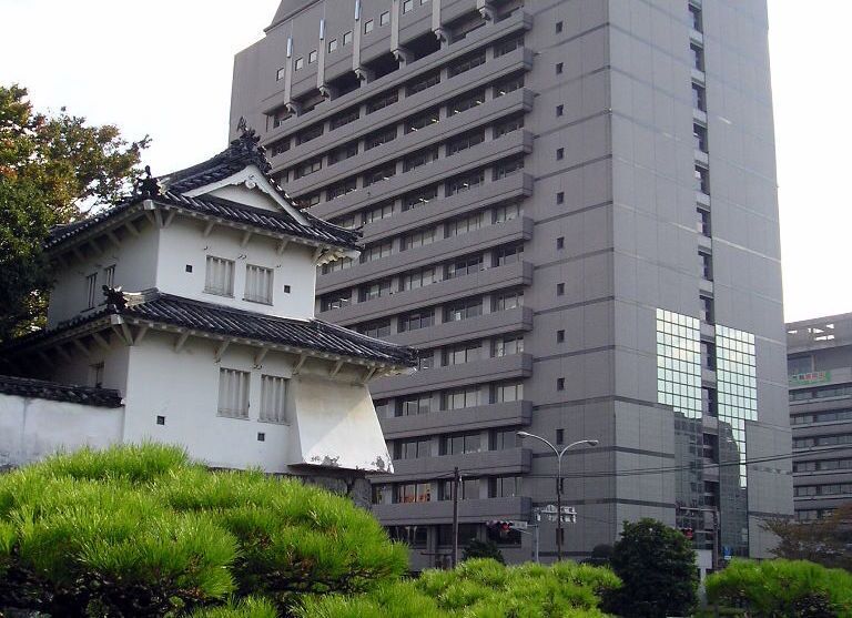 Flickr description: Built 400 years ago, the remnants of the Funai Castle contrasts with the city's modern building. Olympus Camedia (October-December 2006, JICA-UNCRD Human Security Course). Slightly improved with Picasa.