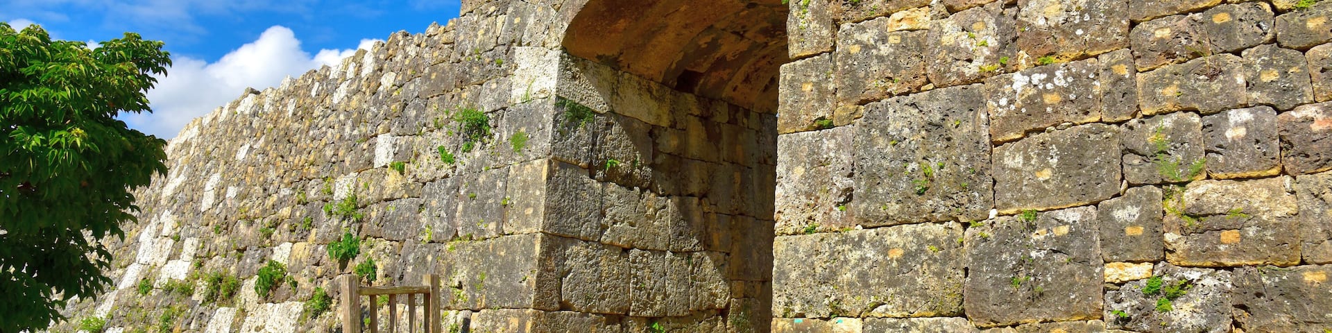 A stone staircase leading up to an arched doorway in a stone building.