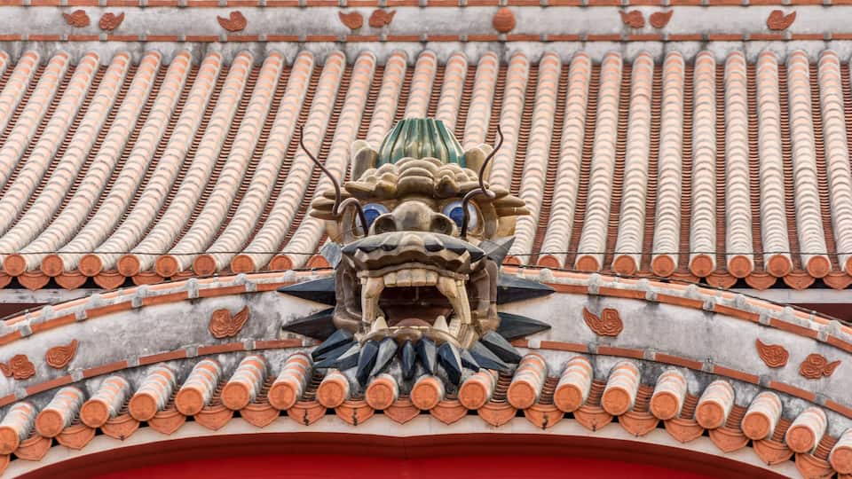 Now destroyed in a fire. Okinawa, Shuri Castle. Detail of Seiden, front roof Dragon. UNESCO World Heritage Site. . Naha, Japan.