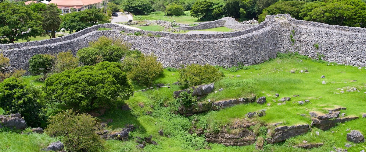 The stone wall at Nakijin castle ruins in Okinawa.