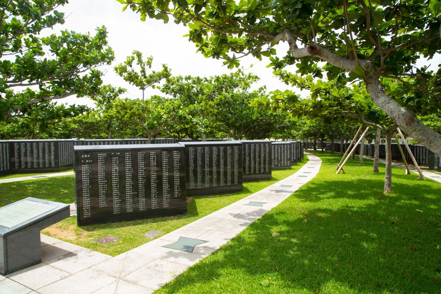 A memorial with engraved names, a star-shaped pavement, and a tree with a swing.