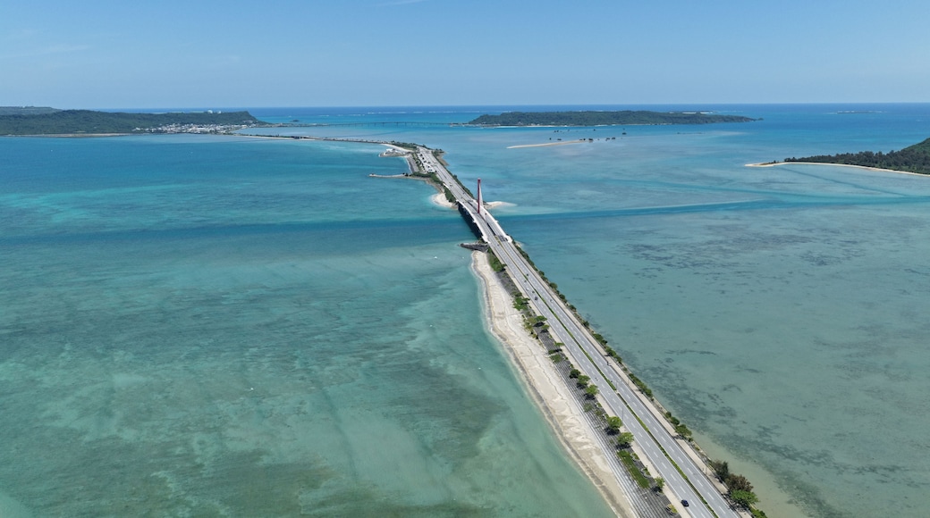 Aerial view of Kaichu Road bridge over turquoise ocean in Okinawa Japan in April