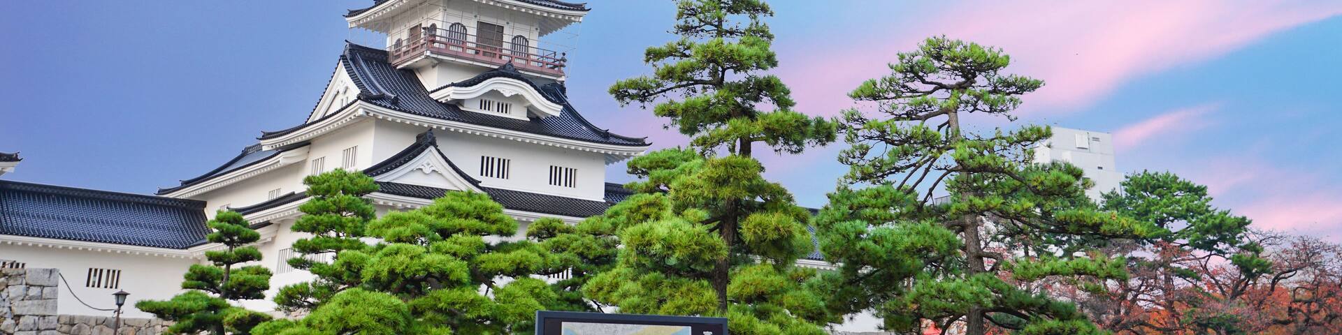 A traditional Japanese castle with white walls and black tiled roofs, surrounded by lush green trees and autumn leaves.