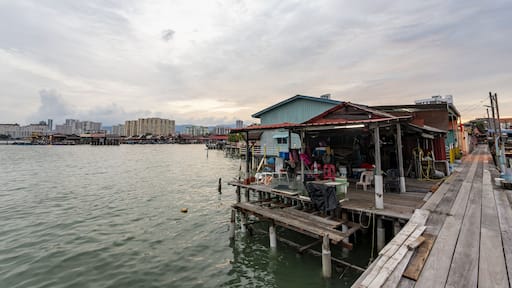 A waterfront with a wooden dock, a small shop, and a cityscape in the background.
