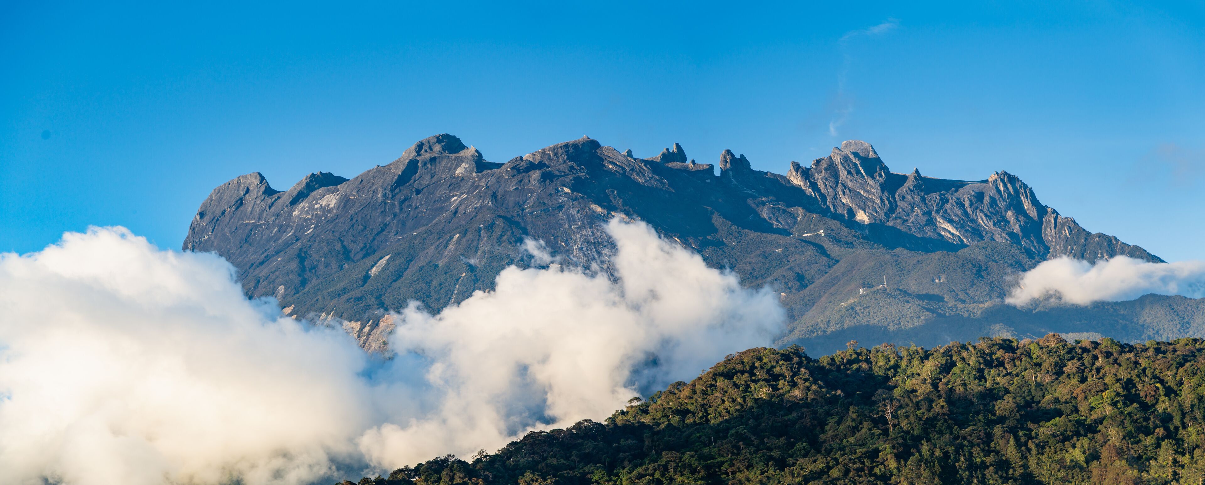 A rugged mountain range with dense forested slopes and clouds at the base.