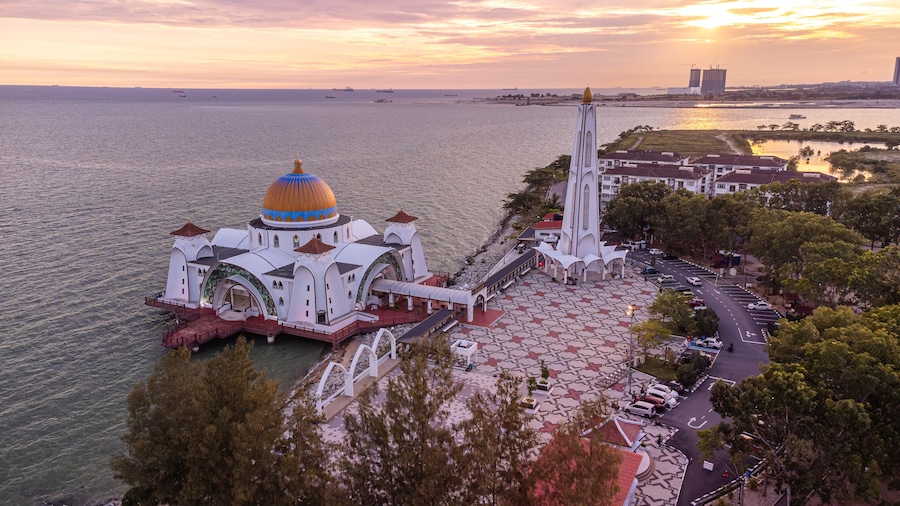 Floating Mosque Selat Melaka at Sunset With Dramatic Sky