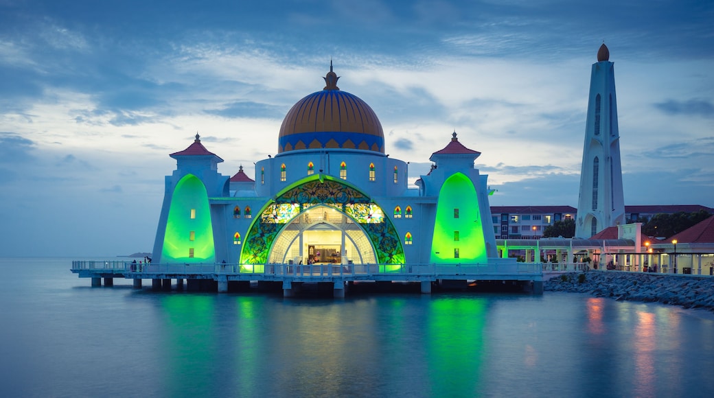 the beautiful Masjid Selat mosque in Melaka city in Malaysia at night