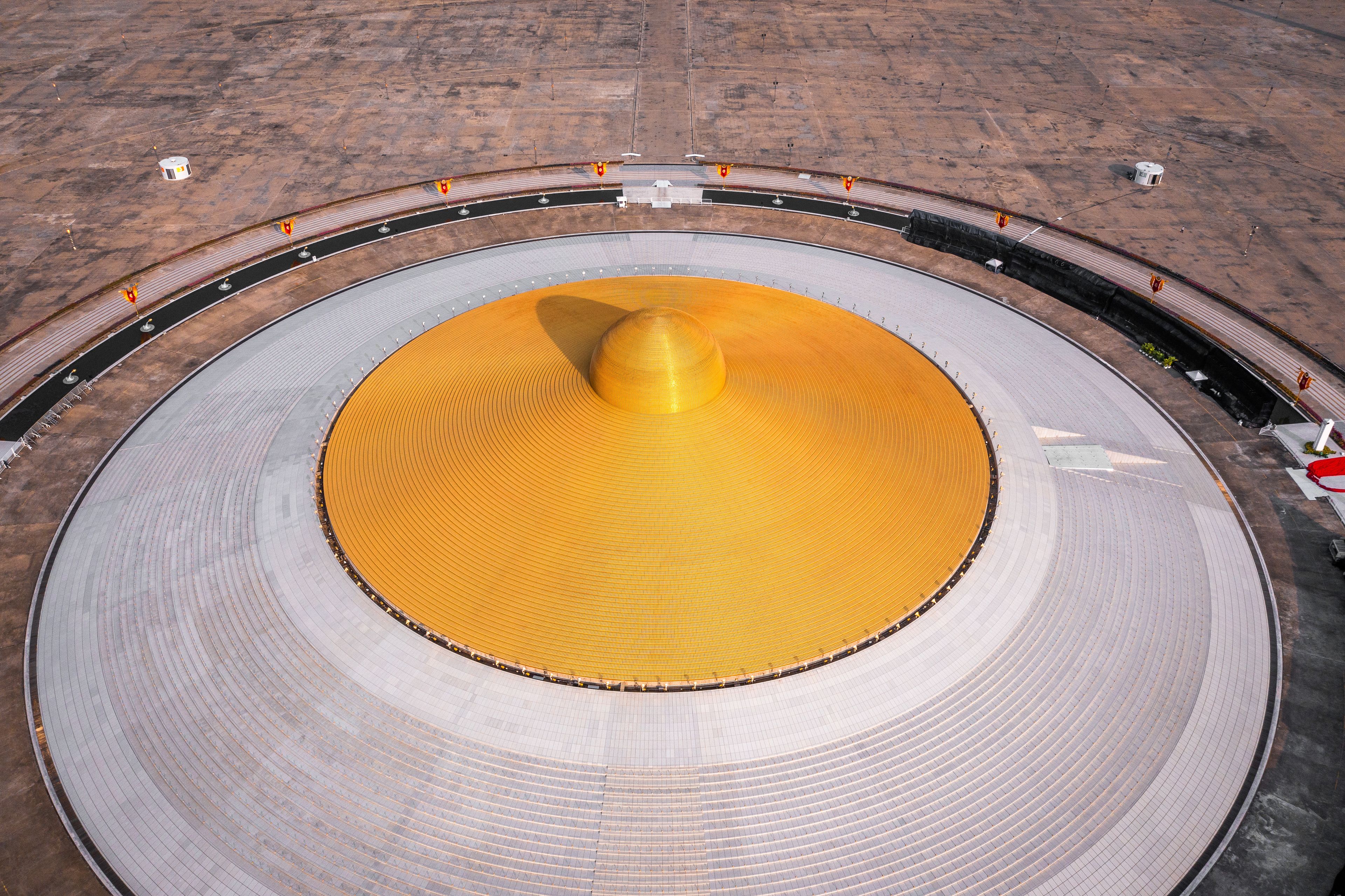 Aerial view of Wat Phra Dhammakaya temple in Pathum Thani Province north of Bangkok, Thailand.