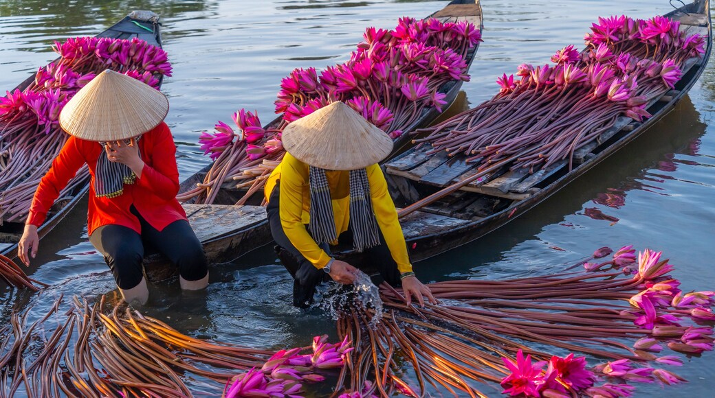 Two people in traditional conical hats on a boat filled with pink flowers and long, thin objects.