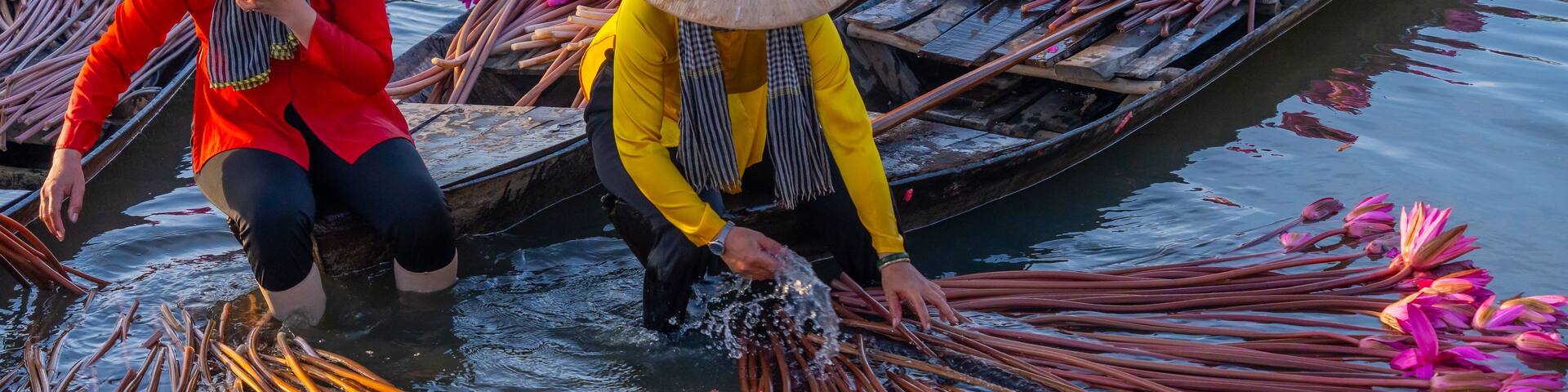Two people in traditional conical hats on a boat filled with pink flowers and long, thin objects.