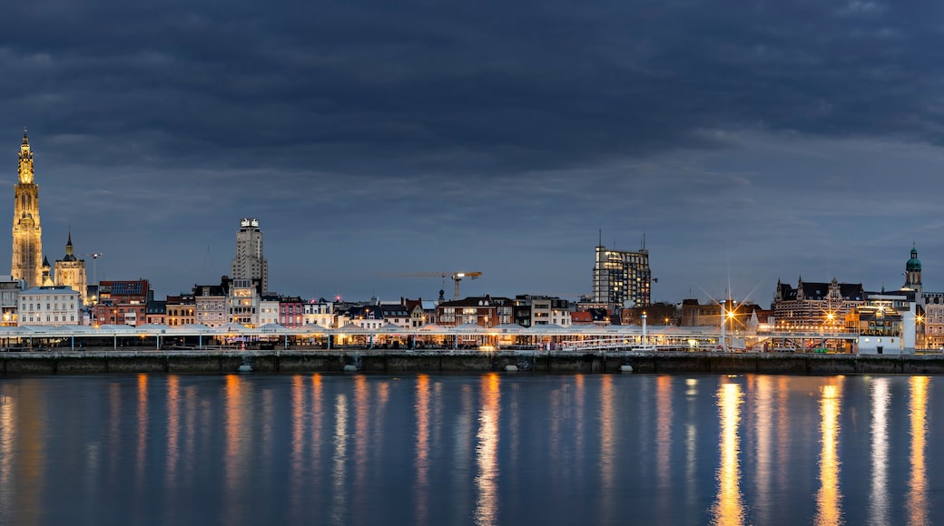 A city skyline at dusk with a prominent cathedral and a river reflecting the lights.