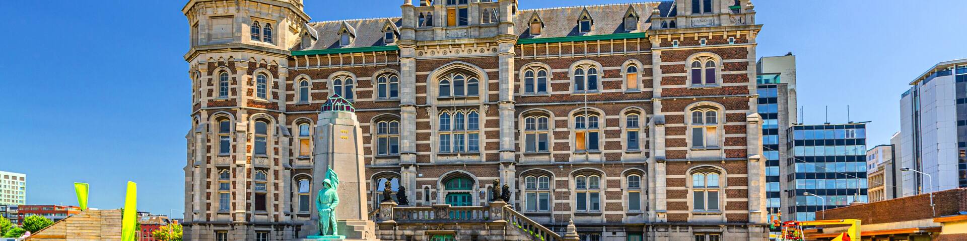 Loodswezen Pilotage Building and Monument for Killed Belgian sailors in Antwerp city historical centre, port area in Antwerpen old town, Flemish Region, Belgium