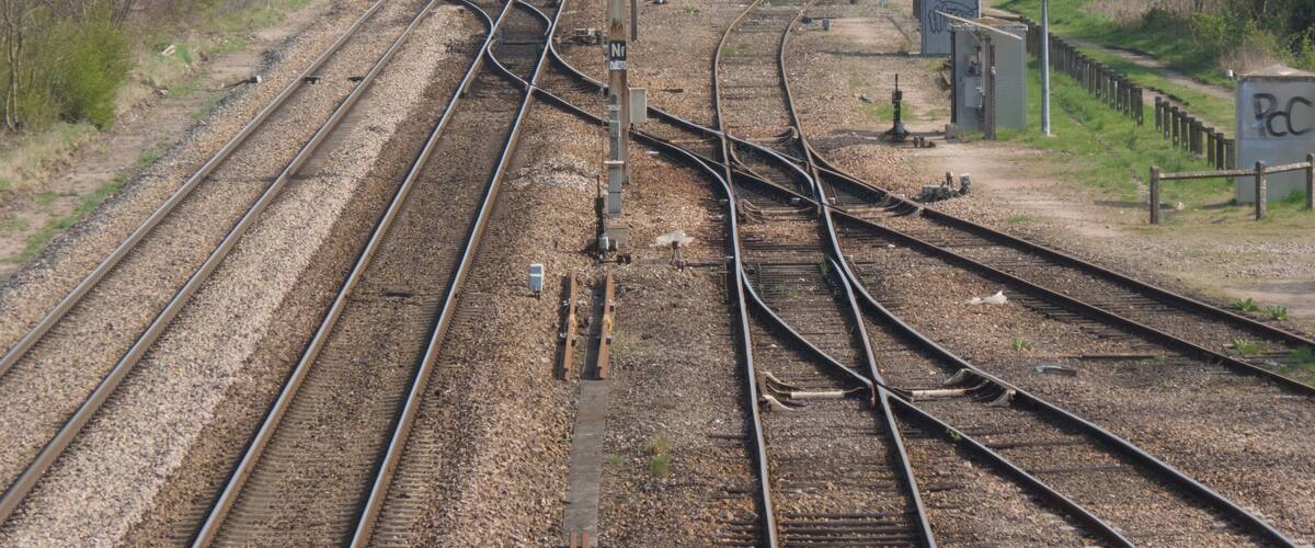Railway tracks with multiple switches and a signal light.