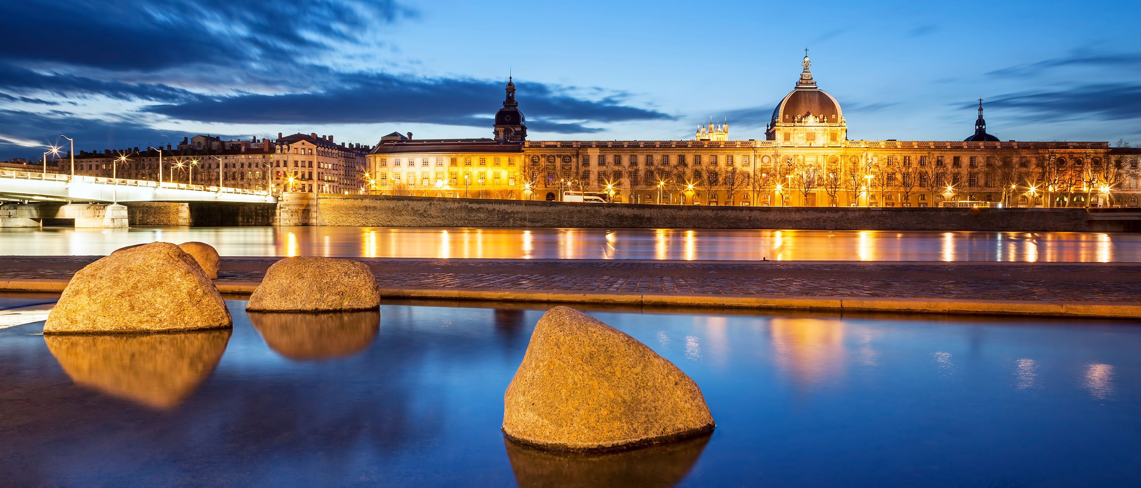 Panoramic view from Rhone river in Lyon city