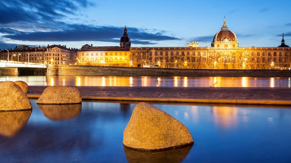 Panoramic view from Rhone river in Lyon city