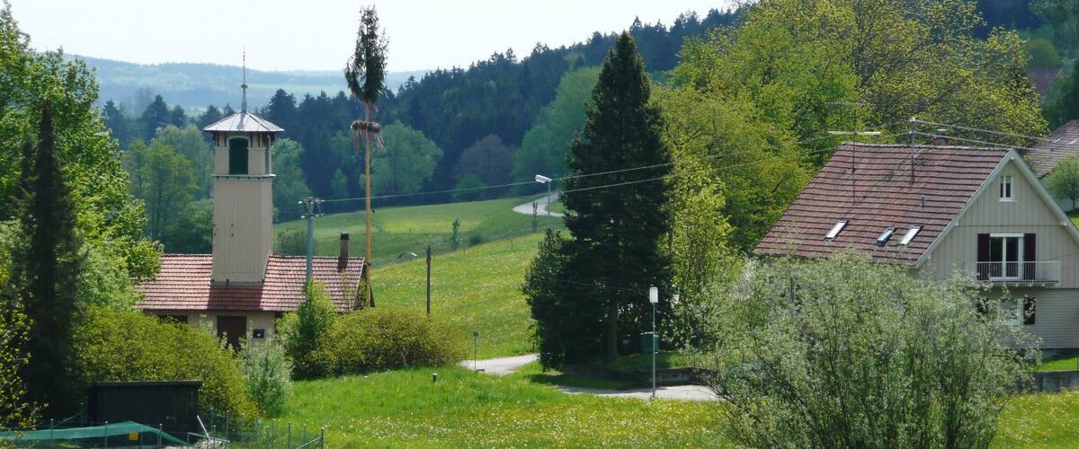 A rural landscape with a church tower, a house with a red roof, and a green field with trees.