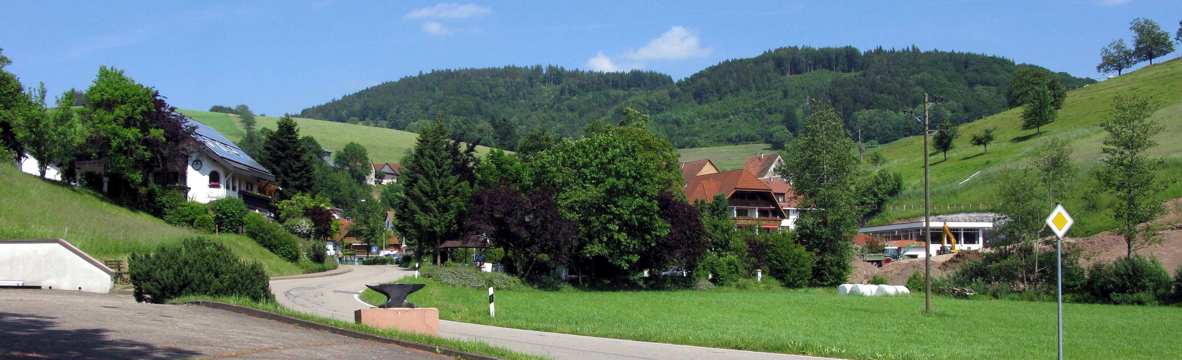 A rural village with houses, a winding road, and a mountain in the background.