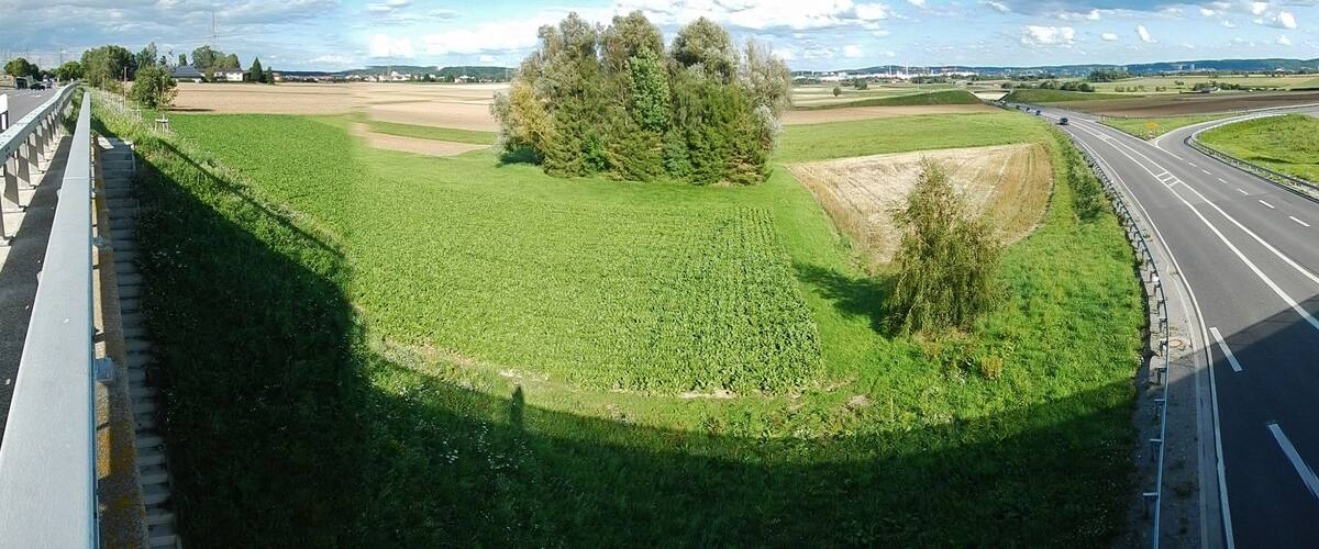 A highway curving through a rural landscape with fields and trees.