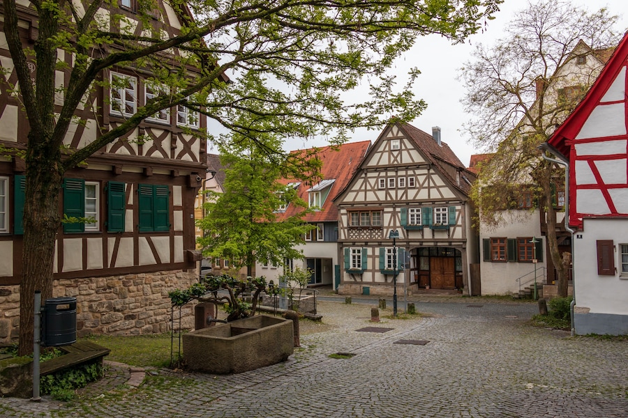 A cobblestone street in a traditional European village with half-timbered houses.