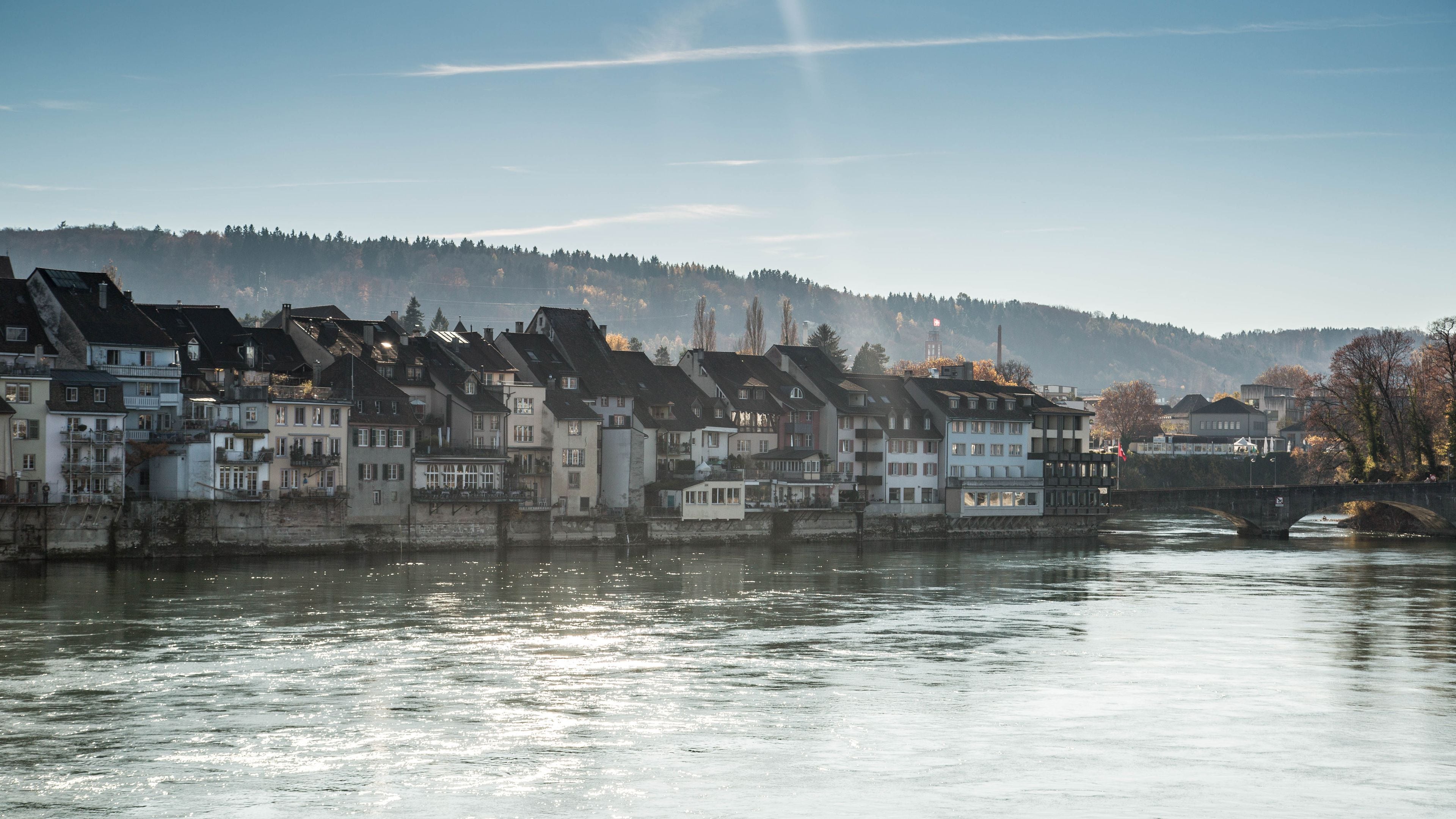 A river with houses along the banks, a bridge, and a forested hill in the background.