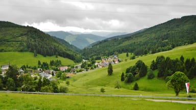 A valley with a small town nestled among green hills and mountains.