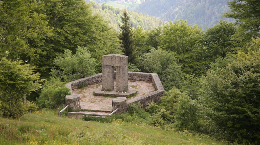 Eine steinerne Ruine mit einer zentralen Säule, umgeben von einer Steinmauer, inmitten eines bewaldeten Gebiets mit Bergen im Hintergrund.