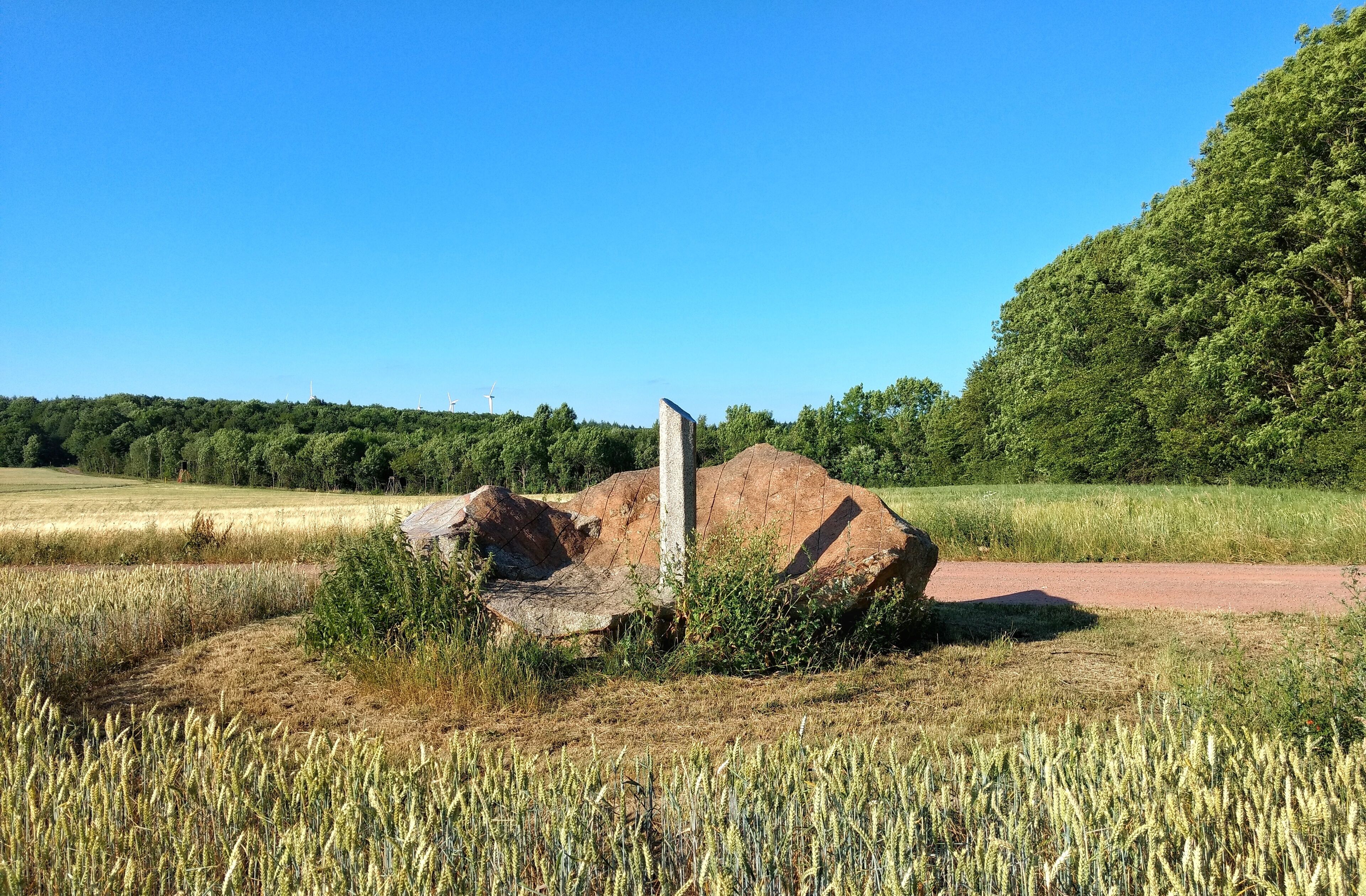 A rural landscape with a large rock formation, a wheat field, and a forest in the background.