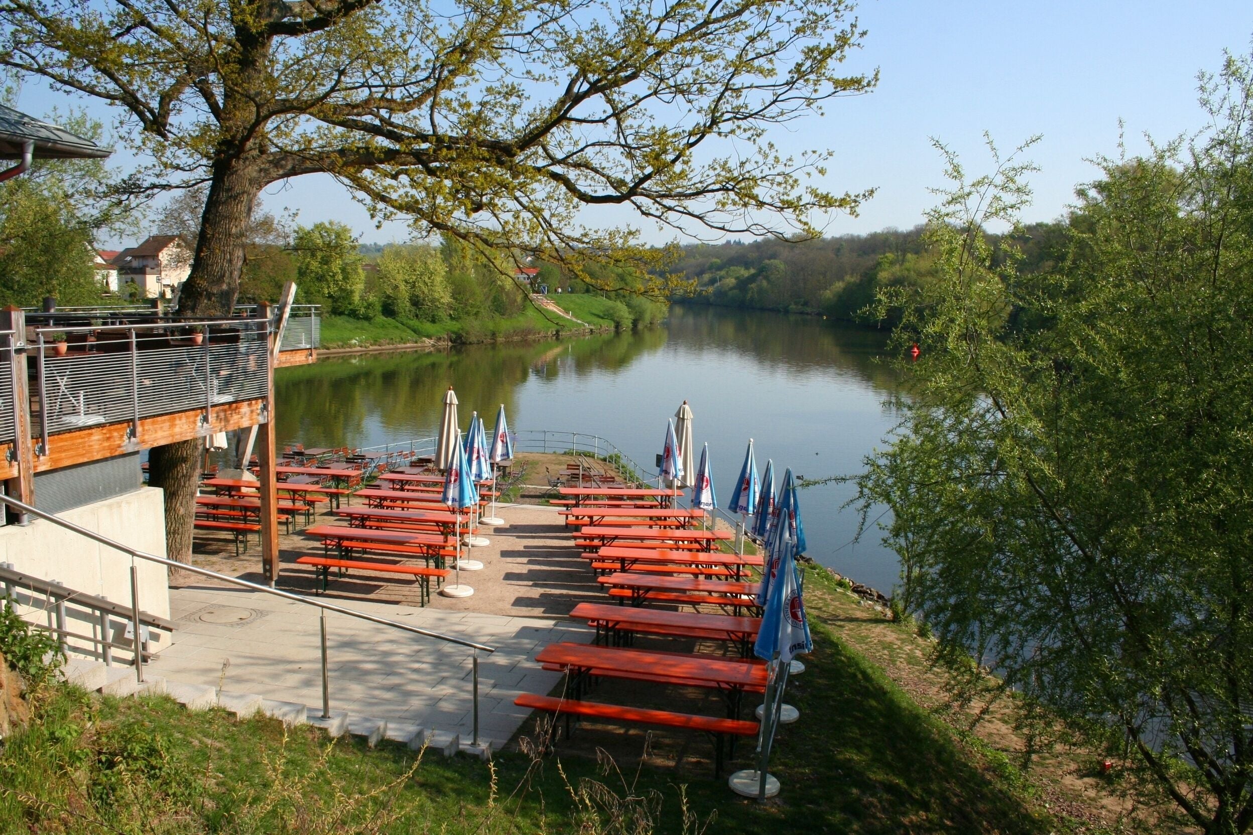 Mouth of the Rems river in the Neckar river in Remseck, administrative district Ludwigsburg, Baden-Wurttemberg, Germany