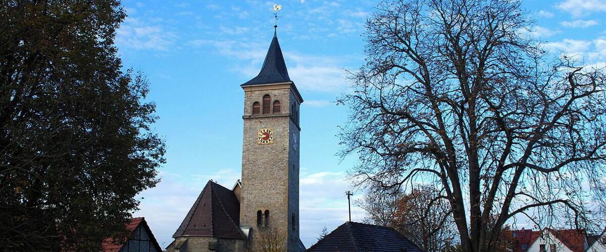 A church with a tall tower and a clock, surrounded by houses and trees.