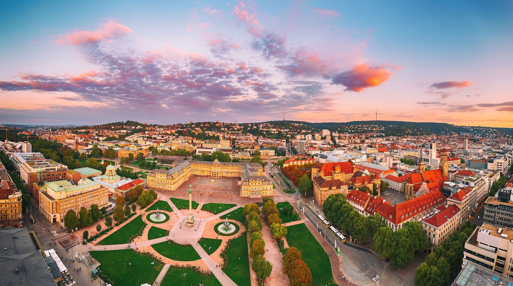 A panoramic view of a city with a prominent square, historic buildings, and a distant hill.