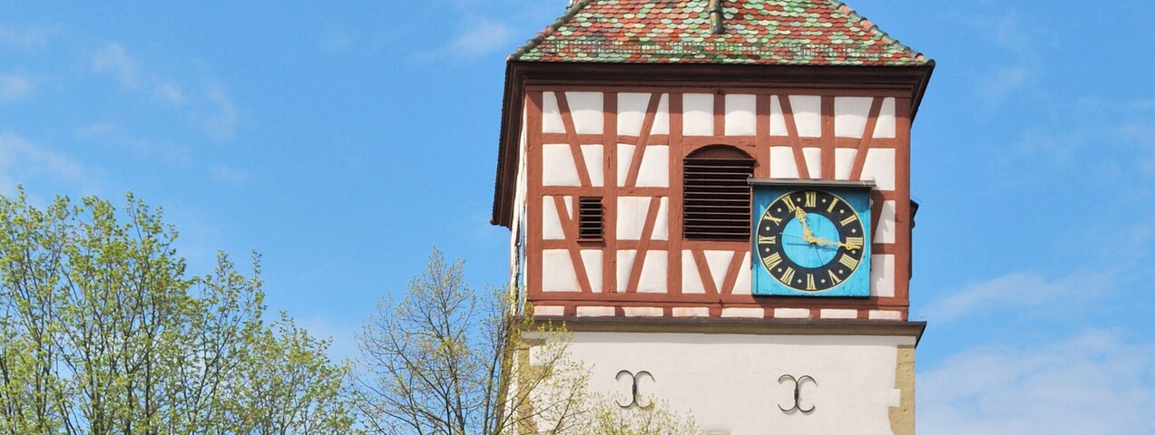 The tower of the protestant Oswald-Church in Stuttgart-Weilimdorf, a district of Stuttgart in the German Federal State Baden-Württemberg.
