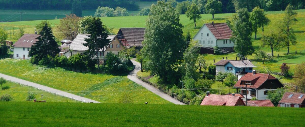 A rural landscape with houses, a winding road, and lush greenery.