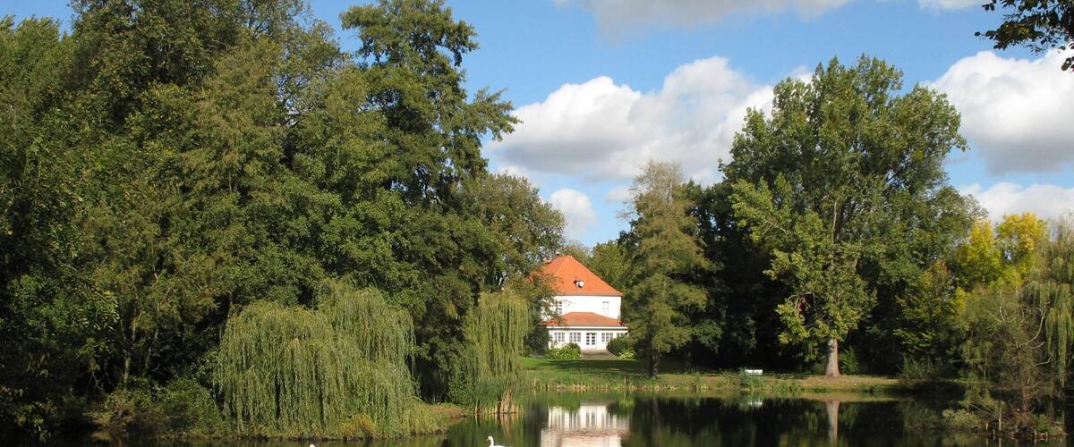 A serene lake with swans, a white house with a red roof, and lush greenery.