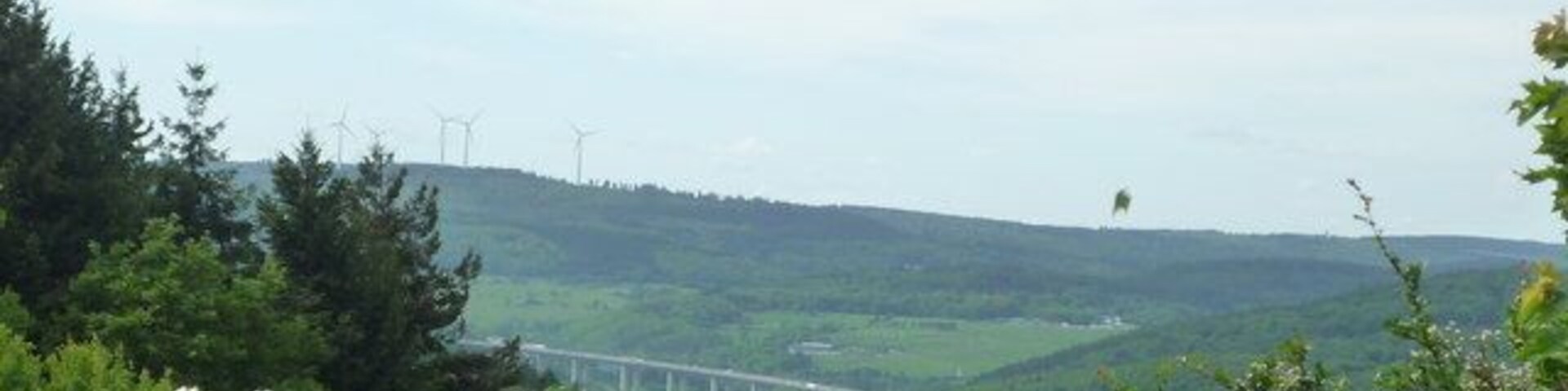 A bridge over a valley with wind turbines in the background.