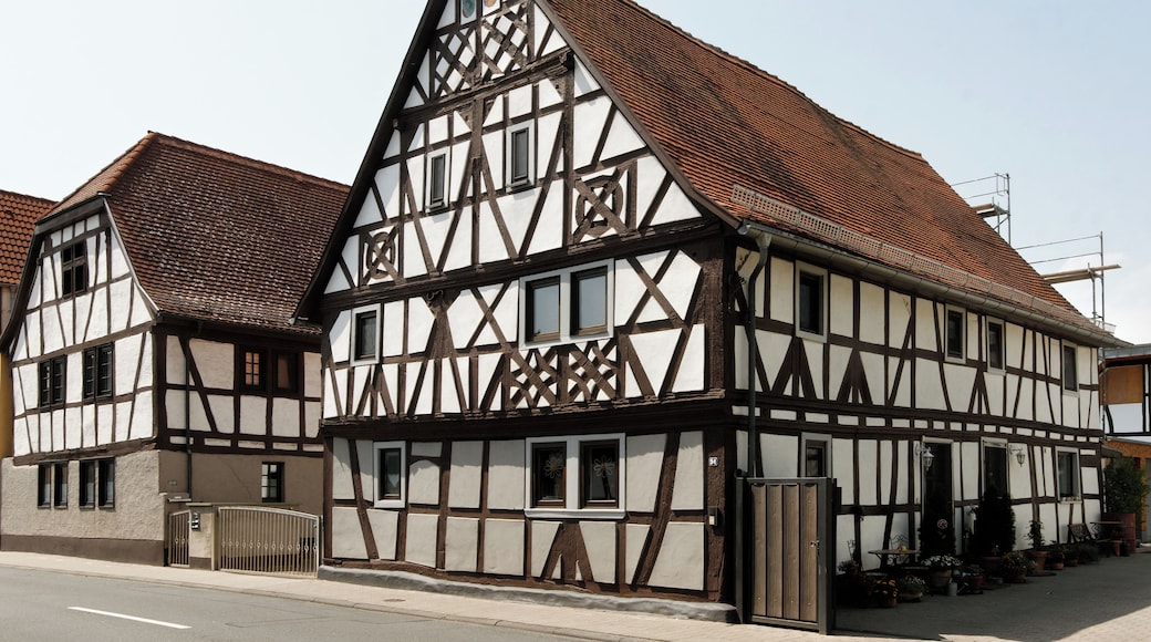 Fachwerkhaus in Froschhausen, einem Stadtteil von Seligenstadt (Hessen). Erbaut um 1700. Das Fachwerk ist reich verziert, unter anderem mit verschlungenen Rad- und Rautenornamenten.