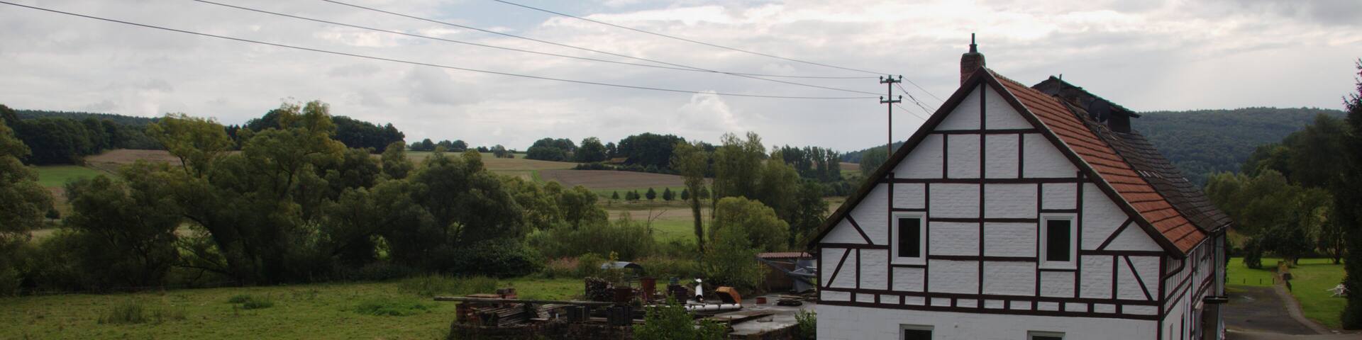 Half-timbered building (water mill), Am Muehlberg 10 in Hemmen, Schlitz, Hesse, Germany
