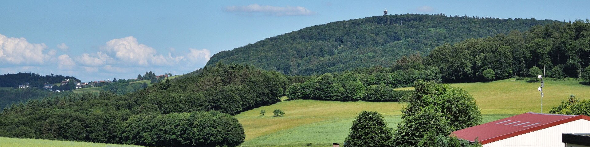 A lush green field with a red-roofed building and a hill with dense trees in the background.